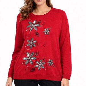 Alfred Dunner Woman Red Floral Sequin Embroidered Sweater 2X Ramie Cotton Knit